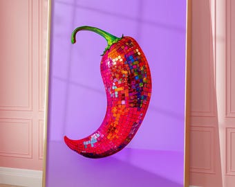 Printable Wall Art, Chili Pepper Disco Ball Maximalist Painting, Dopamine Dining Room Preppy Food Poster, Mirror Ball Girly Kitchen Print