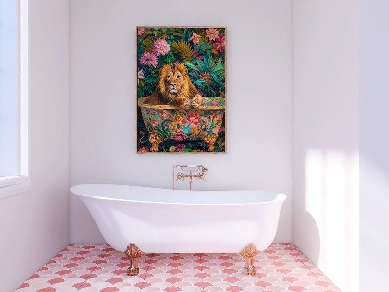 Bathroom Wall Art, Lion in A Bathtub Vivid Maximalist Oil Painting ...