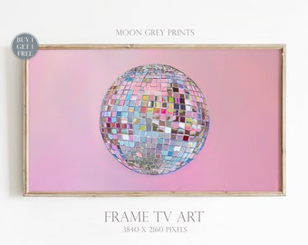 Frame TV Art, Silver Disco Ball Maximalist Painting, Dopamine Mirror Ball Girly Picture, Preppy Living Room Decor, Bright Pastel Pink TV