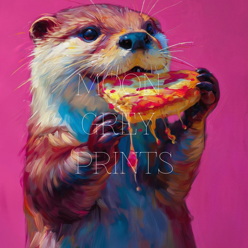 Printable Wall Art, Cute Otter Eating Pizza Maximalist Oil Painting