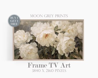 White Flowers Frame TV Art, Nostalgic Botanical Frame TV Picture, Vintage Floral Oil Botanic Garden Painting Instant Digital Download, TV203