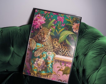 Bathroom Wall Art, Leopard in a Bathtub Vivid Maximalist Painting, Colorful Dopamine Decor, Kitsch Aesthetic Poster, Unframed