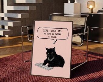 Girl Lock In Poster, Funny Cat Office Wall Art, Girl Boss Decor, Female Entrepreneur Gift, Motivational Pink Office Print, Unframed