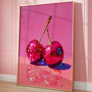 Printable Wall Art, Cherries Disco Ball Maximalist Painting, Dopamine Cherry Dining Room Preppy Food Poster, Mirror Ball Girly Kitchen Print