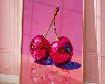 Printable Wall Art, Cherries Disco Ball Maximalist Painting, Dopamine Cherry Dining Room Preppy Food Poster, Mirror Ball Girly Kitchen Print