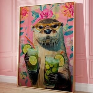 Druckbare Wandkunst, Otter mit Cocktail Maximalist-Ölgemälde, Dopamin-Tiermädchen-Küchenplakat, trendiger botanischer Druck