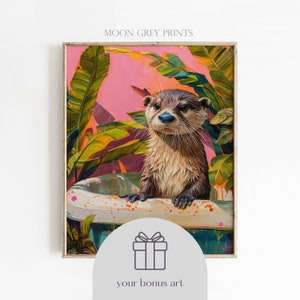 May include: A framed art print featuring a brown otter resting its paws on a ledge, surrounded by vibrant green and yellow tropical leaves against a bright pink background. The text MOON GREY PRINTS appears at the top, with a gift icon and your bonus art text below.