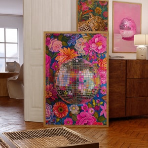 Printable Wall Art, Disco Ball Maximalist Oil Painting, Vivid Bold Dopamine Botanical Picture, Living Room Colorful Trendy Kitsch Pink Print