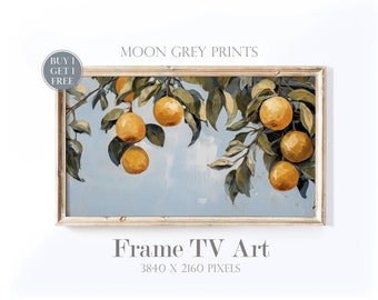 Orange Tree Branch Frame TV Art, Farmhouse Nostalgic Italian Vintage Warm Summer Oil Painting, Mediterranean Orange Frame TV Picture, TV232