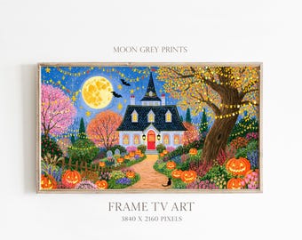Whimsical Halloween Frame TV Art, Colorful Halloween Cottage, Full Moon Pumpkin Garden, Maximalist Fall Decor, Samsung Frame TV Art