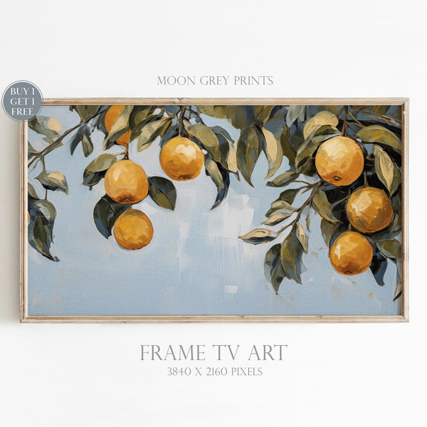 Orange Tree Branch Frame TV Art, Farmhouse Nostalgic Italian Vintage Warm Summer Oil Painting, Mediterranean Orange Frame TV Picture, TV232