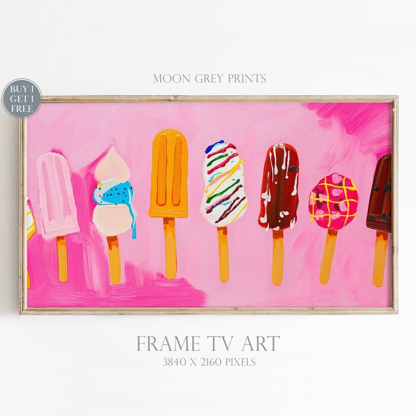 Vivid Still Life Frame TV Art, Summer Ice Cream Vibrant Trendy Painting, Colorful Maximalist Dopamine Decor, Preppy Bright Vivid Pink TV