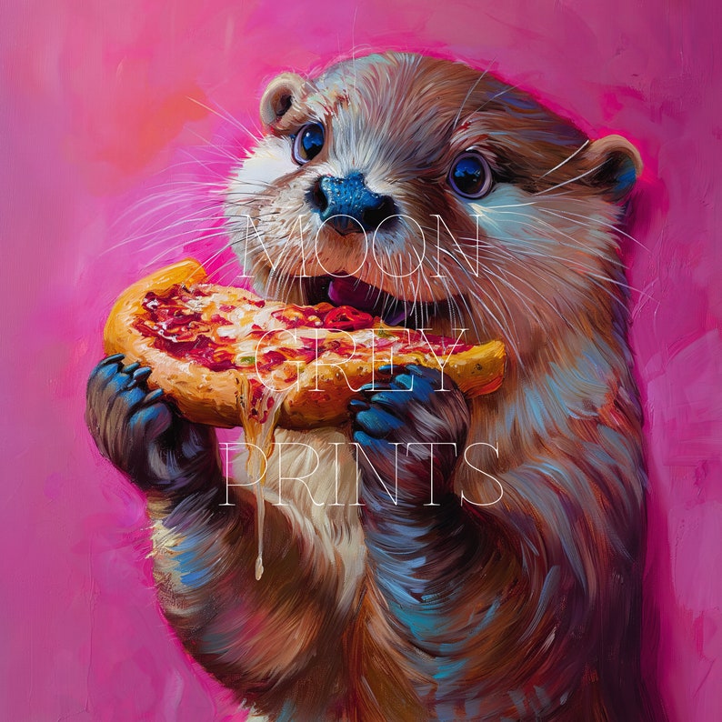 Printable Wall Art, Cute Otter Eating Pizza Maximalist Oil Painting