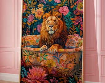 Lion Bathroom Wall Art, Maximalist Printable Art, Dopamine Decor, Colorful Animal Print, Kitsch Bathroom Decor, Digital Download