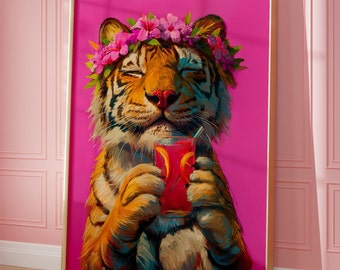 Utskrivbar tigerväggkonst, cocktailbarkonst, maximalistiskt djurtryck, rosa tigerposter, färgglad köksdekor, dopaminväggkonst