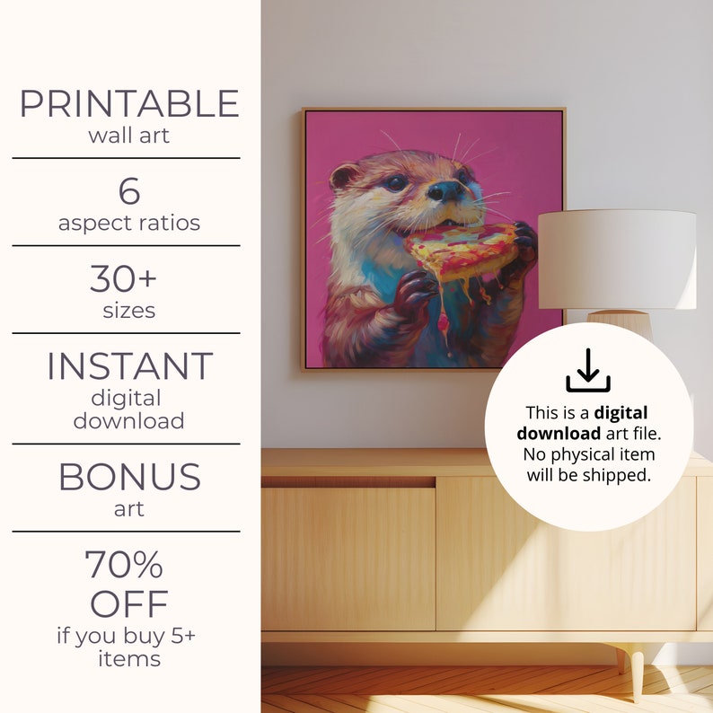 Printable Wall Art, Cute Otter Eating Pizza Maximalist Oil Painting