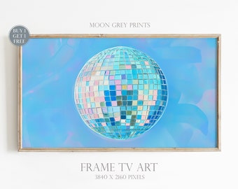 Frame TV Art, Blue Disco Ball Maximalist Painting, Mirror Ball Dopamine Picture, Preppy Living Room Decor, Trendy Bright Pastel Girly TV