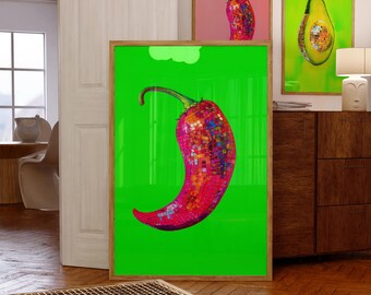 Printable Wall Art, Chili Pepper Disco Ball Maximalist Painting, Dopamine Dining Preppy Food Poster, Mirror Ball Neon Green Kitchen Print