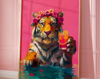 May include: A tiger wearing a flower crown is sitting in a pool of water and holding a glass of orange juice with a straw. The background is a bright pink.