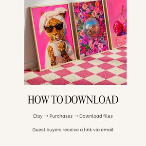 May include: Three framed rectangular wall art prints featuring vibrant pink backgrounds. The first shows a leopard wearing sunglasses and a towel, the second a disco ball amidst colorful flowers, and the third a pair of bright red cherries.