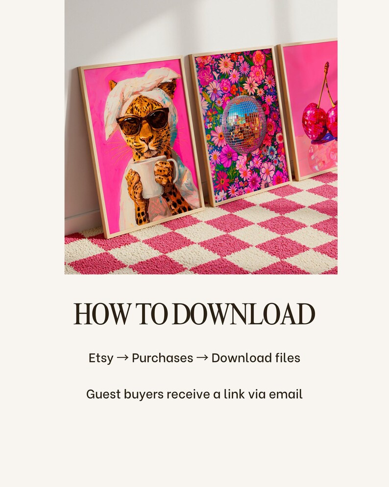 May include: Three framed rectangular wall art prints featuring vibrant pink backgrounds. The first shows a leopard wearing sunglasses and a towel, the second a disco ball amidst colorful flowers, and the third a pair of bright red cherries.