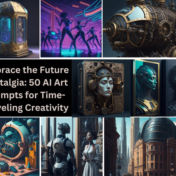 Embrace the Future Nostalgia: 50 AI Art Prompts for Time-Traveling Creativity, mid journey prompts, guides, downloads
