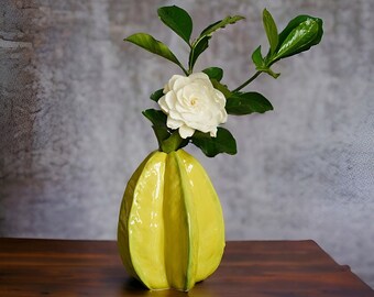 Hand Made Ceramic Star Fruit Vase, Unique Ceramic Craft, Flower Vase, Creative Housewarming Gift, Realistic Fruit Home Decor, Wabi Sabi Vase