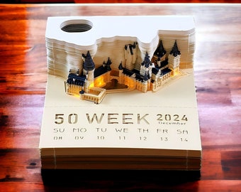 Calendrier 2024 Omoshiroi Mystery Castle avec lumière, calendrier de bureau en bloc, calendrier 3D détachable, cadeau pour 2024, cadeau du Nouvel An, cadeau de Noël