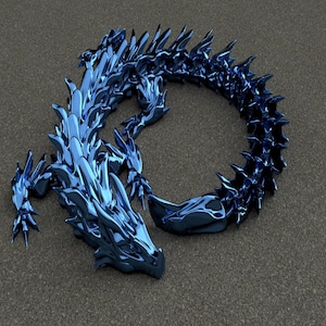 May include: A metallic blue articulated dragon figurine featuring a segmented body with sharp, pointed scales along its back and tail. The creature is posed in a curved, coiled position with its head facing forward and limbs extended outward.