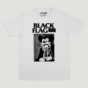 May include: A white short-sleeve t-shirt featuring a black graphic print on the chest. The print displays the text "BLACK FLAG" above an illustration of a cartoon mouse holding a skeleton. The inner neck label reads "BEYONDUNKNOWN" and "100% COTTON".