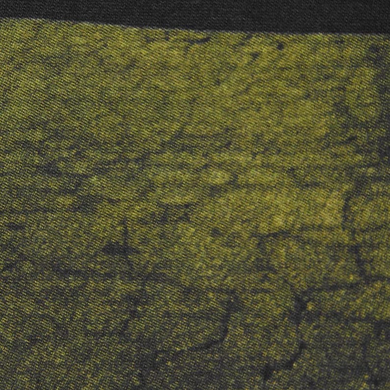 May include: Close-up of textured fabric in olive green with darker, irregular patterns, giving a distressed appearance. The fabric has a mottled effect. A black border is at the top.