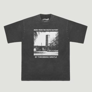 May include: A charcoal grey short-sleeve t-shirt featuring a white rectangular graphic print on the chest. The print displays a black and white image of a tall industrial tower and the text MUSIC FROM THE DEATH FACTORY BY THROBBING GRISTLE.