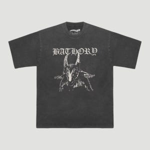 Vintage Bathory-T-shirt met band, T-shirt van gewassen katoen en zwart metaal met print