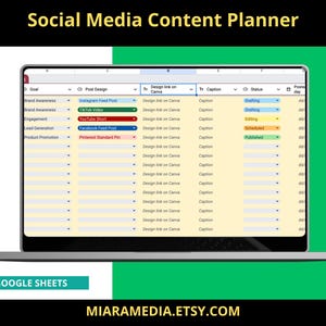 Månadsplanerare för innehåll i sociala medier, Kalender för innehåll i sociala medier, Google Sheet-kalkylblad, Instagram, Youtube, TikTok, Facebook, gul