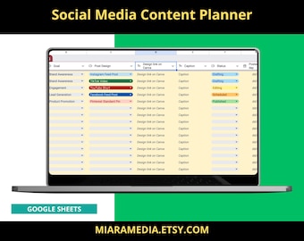 Social Media Monthly Content Planner, Social Media Content Calendar, Google Sheet Spreadsheets, Instagram, Youtube, TikTok, Facebook, yellow