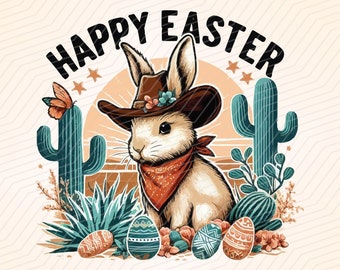 Peut inclure: Graphique de Pâques joyeux avec un lapin de dessin animé portant un chapeau de cowboy et un bandana, entouré de cactus, de fleurs et d'œufs de Pâques. Le lapin est brun et blanc avec un bandana rouge. Les cactus sont verts et les œufs sont bleus, verts et orange.