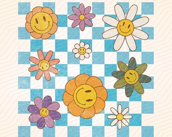 Retro Smile Face Flowers PNG: 70s Groovy Floral Design (Digital Download)