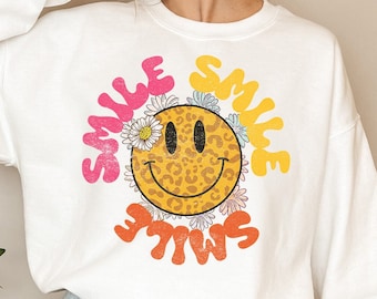Retro Smile Face PNG: Boho Groovy Girl Shirt Design (Digital Download)