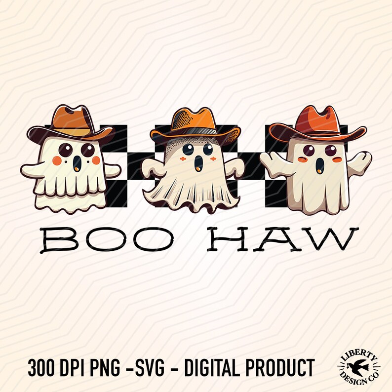 May include: Three cartoon ghosts wearing cowboy hats with orange and brown accents. The ghosts are white with black eyes and mouths. The text "BOO HAW" is below the ghosts.