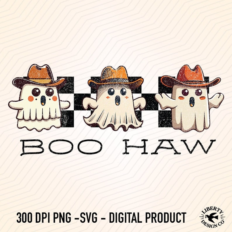 May include: Three cartoon ghosts wearing cowboy hats with the text "BOO HAW" below them. The ghosts are white with black eyes and mouths. The hats are orange with black bands. The background is a checkered pattern of black and white squares.