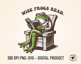 Wise Frog Reading PNG SVG: Book Lover Digital File