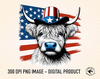 American Highland Cow PNG: Western 4th of July Design (Digital Download)