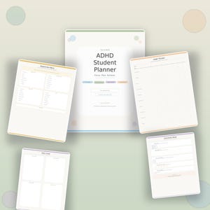 Può includere: Un set di planner digitale intitolato The Ultimate ADHD Student Planner, Focus. Plan. Achieve. Include pagine per un menu dopamina, tracker delle abitudini, brain dump e reset. Il layout presenta delicati accenti color pastello.