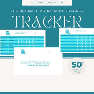 Può includere: Un set di tracker per abitudini digitale con pagine color verde acqua e bianco con il testo THE ULTIMATE ADHD HABIT TRACKER, HABIT TRACKER DESIGNED FOR ADHD MINDS e 50+ WEEKLY PAGES. Il layout include righe per le attività quotidiane.