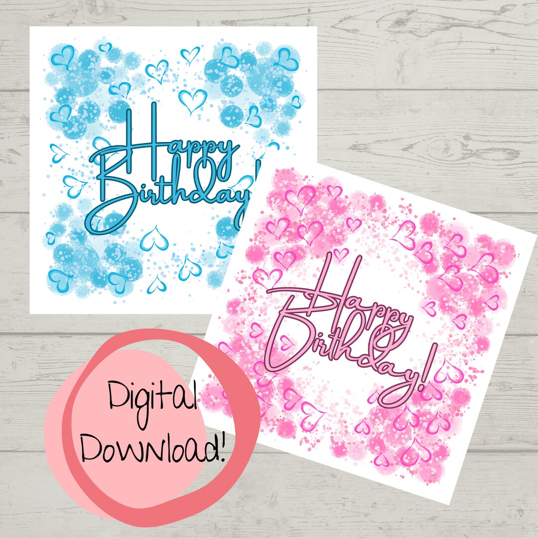 2 Square Birthday Cards for Instant Download With Hearts in - Etsy