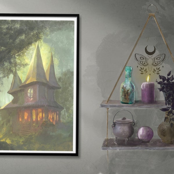 Art print witches cottage ‘moonlit clearing ‘ instant download A4 pdf and png