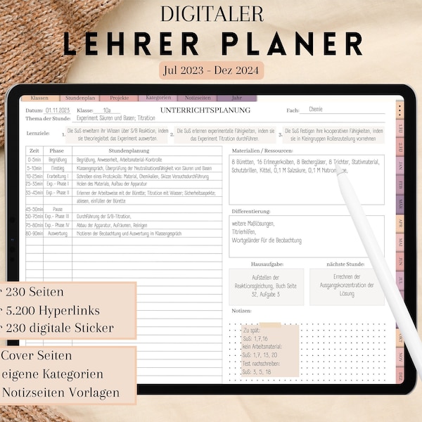 Digitaler Lehrerplaner, Lehrerkalender 2023 2024, Lehrerplaner deutsch, digitaler Unterrichtsplaner, Goodnotes Lehrerplaner