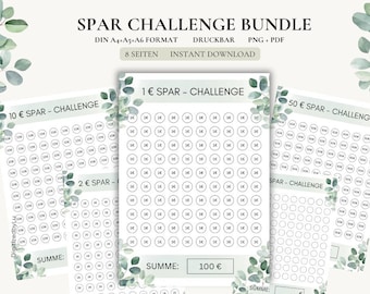 May include: Printable savings challenge tracker sheets with a green eucalyptus leaf design. The sheets are labelled with different amounts to save, such as 10 euros, 1 euro, and 50 euros. Each sheet has a grid of circles to track savings progress.