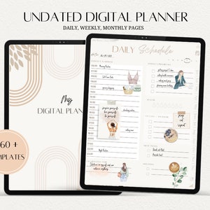 Könnte beinhalten: Ein digitaler Planer mit einem beige-braunen abstrakten Design auf dem Cover. Der Planer enthält tägliche, wöchentliche und monatliche Seiten. Der Text "UNDATED DIGITAL PLANNER" befindet sich oben auf dem Cover. Der Text "My DIGITAL PLAN" befindet sich in der unteren linken Ecke des Covers. Der Text "60+ TEMPLATES" befindet sich in einem pfirsichfarbenen Kreis auf der linken Seite des Covers. Der Planer ist auf einer täglichen Zeitplanseite geöffnet, auf der oben der Text "DAILY Schedule" steht. Die Seite hat eine Zeitspalte von 00:00 bis 23:00 Uhr. Die Seite hat einen Abschnitt für "Today's Priorities" und einen Abschnitt für "Tasks to Do Today".