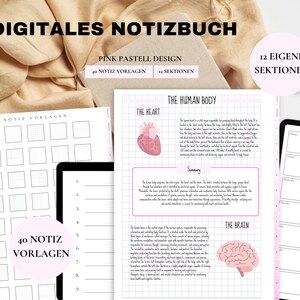 Könnte beinhalten: Ein digitales Notizbuch mit einem rosafarbenen Pastelldesign. Das Notizbuch hat 40 Notizvorlagen und 12 Abschnitte. Das Notizbuch enthält Illustrationen von Herz und Gehirn mit Text über den menschlichen Körper.